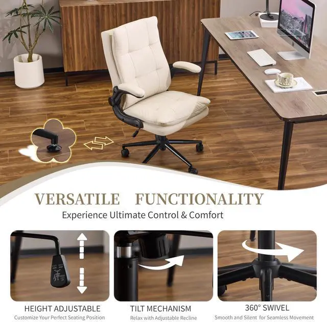 Alt view image 3 of 6 - Comfy Beige Leather Office Desk Chair, High-Back Support Ergonomic Computer Task Gaming Chair,with Removable wheels,360° Swivel,Adjustable Height,Flip-Up Arms,for Adults,Teen,Vanity,Home Office
