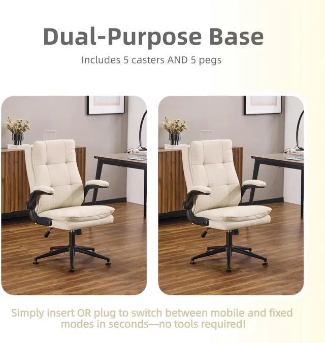 Alt view image 4 of 6 - Comfy Beige Leather Office Desk Chair, High-Back Support Ergonomic Computer Task Gaming Chair,with Removable wheels,360° Swivel,Adjustable Height,Flip-Up Arms,for Adults,Teen,Vanity,Home Office