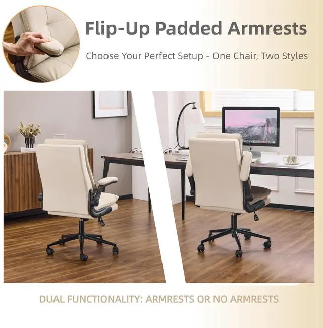 Alt view image 5 of 6 - Comfy Beige Leather Office Desk Chair, High-Back Support Ergonomic Computer Task Gaming Chair,with Removable wheels,360° Swivel,Adjustable Height,Flip-Up Arms,for Adults,Teen,Vanity,Home Office