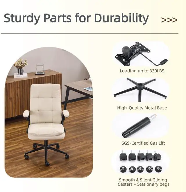 Alt view image 6 of 6 - Comfy Beige Leather Office Desk Chair, High-Back Support Ergonomic Computer Task Gaming Chair,with Removable wheels,360° Swivel,Adjustable Height,Flip-Up Arms,for Adults,Teen,Vanity,Home Office