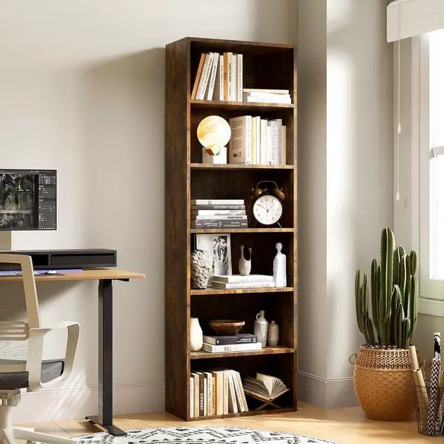 Alt view image 6 of 6 - Bookshelf, 6-Tier Open Bookcase, Storage Shelves, Display Storage Shelves, Floor Standing Unit, Home Decor, Furniture for Home Office, Living Room, Bedroom, Brown