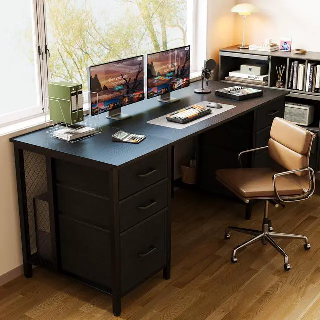Alt view image 2 of 6 - 63 inch Computer Desk with File Drawers Cabinet, Modern Office Desk with Large Storage for Home Office, Study, Gaming, Black