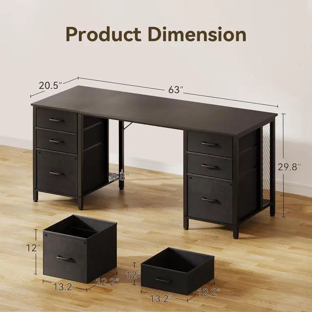 Alt view image 3 of 6 - 63 inch Computer Desk with File Drawers Cabinet, Modern Office Desk with Large Storage for Home Office, Study, Gaming, Black