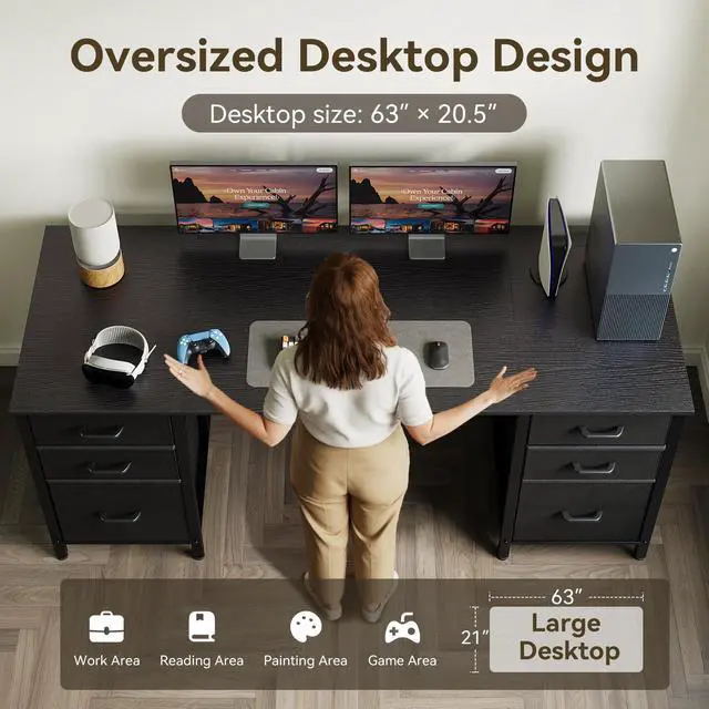 Alt view image 5 of 6 - 63 inch Computer Desk with File Drawers Cabinet, Modern Office Desk with Large Storage for Home Office, Study, Gaming, Black