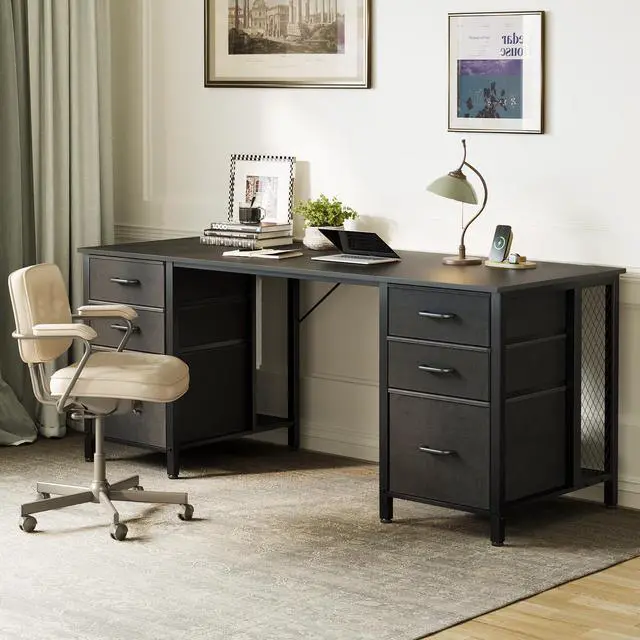 Alt view image 6 of 6 - 63 inch Computer Desk with File Drawers Cabinet, Modern Office Desk with Large Storage for Home Office, Study, Gaming, Black