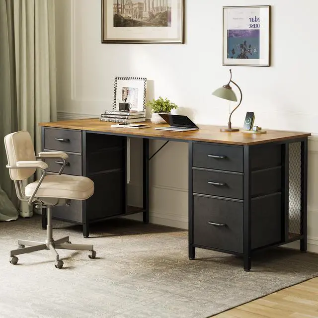 Alt view image 2 of 6 - 63 inch Computer Desk with File Drawers Cabinet, Modern Office Desk with Large Storage for Home Office, Study, Gaming, Vintage