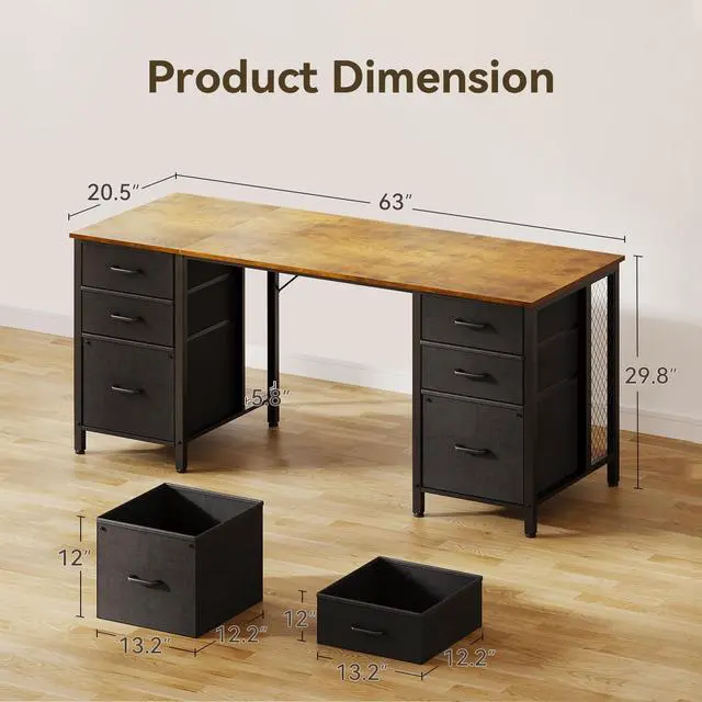Alt view image 3 of 6 - 63 inch Computer Desk with File Drawers Cabinet, Modern Office Desk with Large Storage for Home Office, Study, Gaming, Vintage