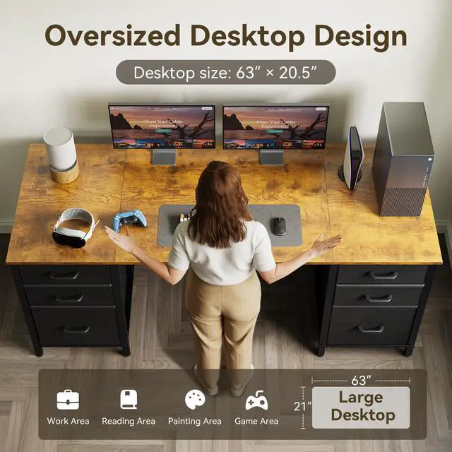Alt view image 5 of 6 - 63 inch Computer Desk with File Drawers Cabinet, Modern Office Desk with Large Storage for Home Office, Study, Gaming, Vintage