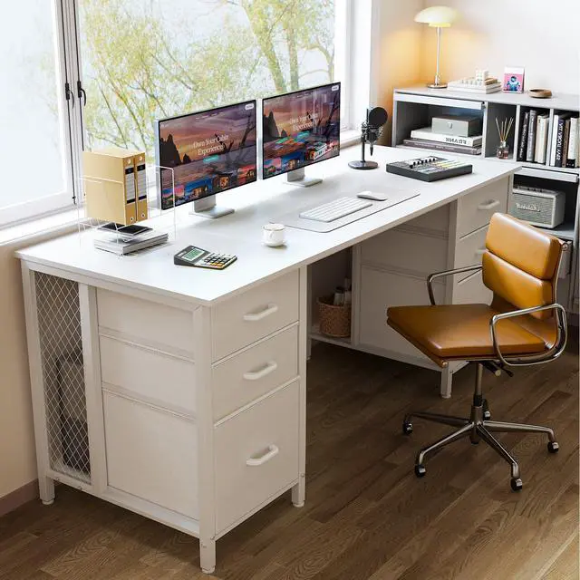 Alt view image 2 of 6 - 63 inch Computer Desk with File Drawers Cabinet, Modern Office Desk with Large Storage for Home Office, Study, Gaming, White