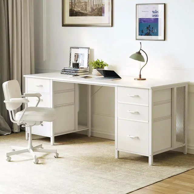 Alt view image 4 of 6 - 63 inch Computer Desk with File Drawers Cabinet, Modern Office Desk with Large Storage for Home Office, Study, Gaming, White
