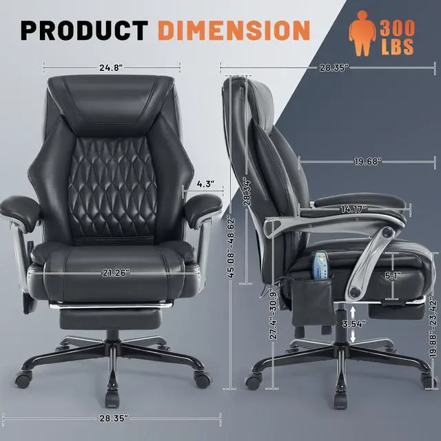 Alt view image 2 of 6 - Massage Office Chair with Heat & Foot Rest, 6 Points Vibration, Ergonomic Executive Reclining Desk Chair, PU Leather Padded Seat for Home Office Comfort