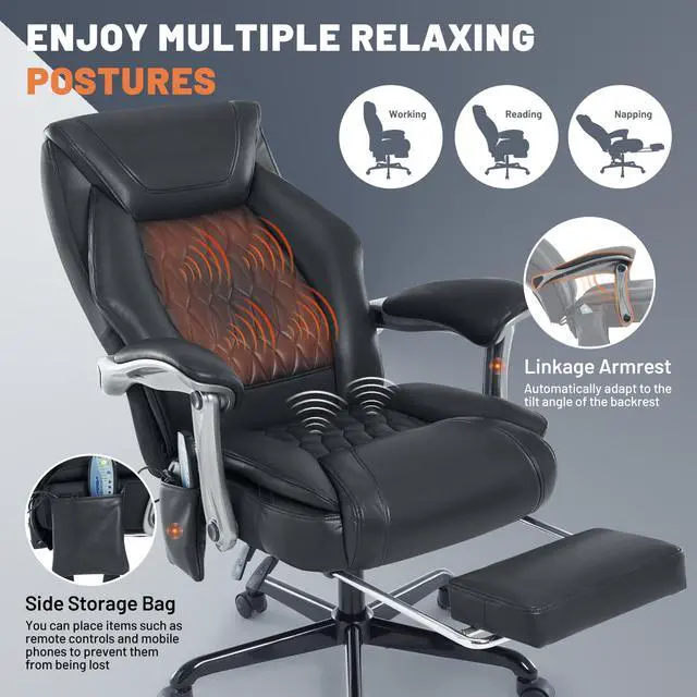 Alt view image 4 of 6 - Massage Office Chair with Heat & Foot Rest, 6 Points Vibration, Ergonomic Executive Reclining Desk Chair, PU Leather Padded Seat for Home Office Comfort