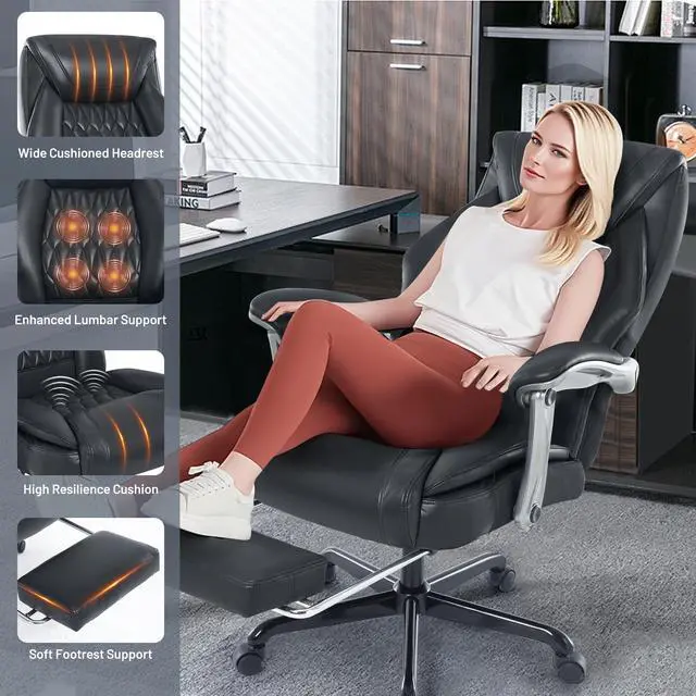 Alt view image 5 of 6 - Massage Office Chair with Heat & Foot Rest, 6 Points Vibration, Ergonomic Executive Reclining Desk Chair, PU Leather Padded Seat for Home Office Comfort