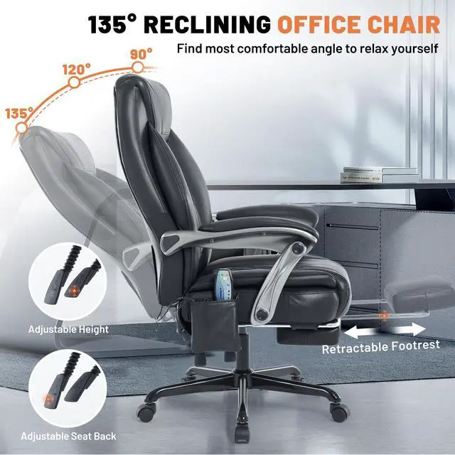 Alt view image 6 of 6 - Massage Office Chair with Heat & Foot Rest, 6 Points Vibration, Ergonomic Executive Reclining Desk Chair, PU Leather Padded Seat for Home Office Comfort