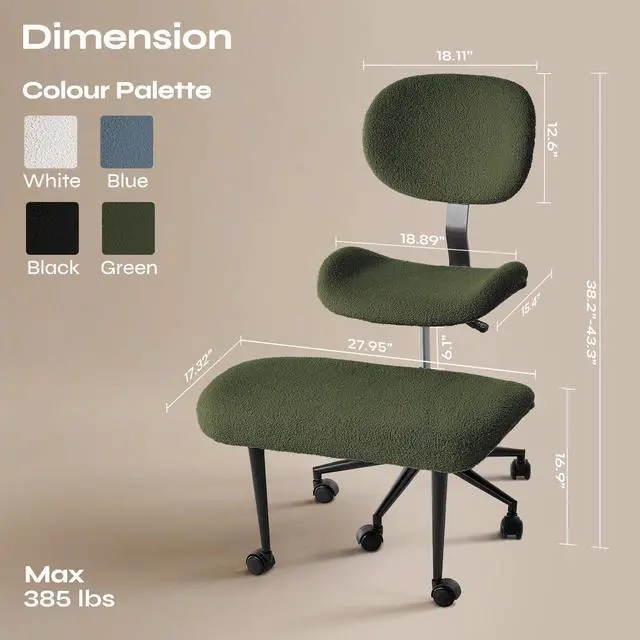 Alt view image 2 of 6 - Ergonomic Cross Legged Chair for ADHD, Meditation Chair with 360° Swivel Wheels, Kneeling Office Chair with Back Support, Strong Lumbar Support, Teddy Fabric, Green