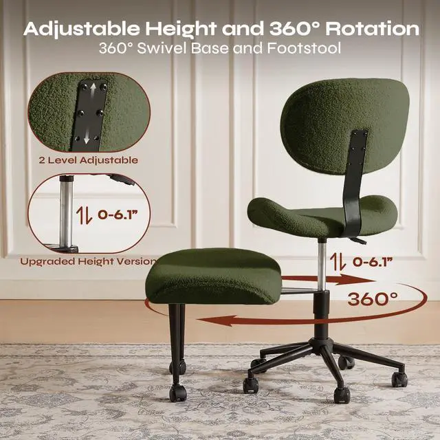Alt view image 4 of 6 - Ergonomic Cross Legged Chair for ADHD, Meditation Chair with 360° Swivel Wheels, Kneeling Office Chair with Back Support, Strong Lumbar Support, Teddy Fabric, Green