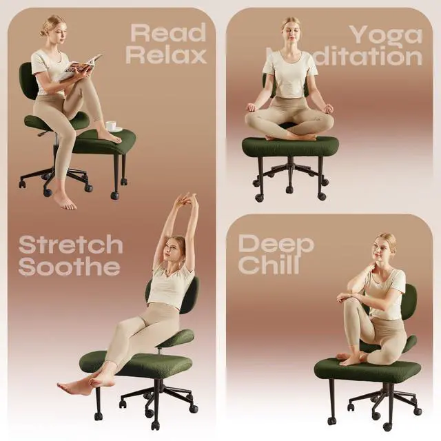 Alt view image 5 of 6 - Ergonomic Cross Legged Chair for ADHD, Meditation Chair with 360° Swivel Wheels, Kneeling Office Chair with Back Support, Strong Lumbar Support, Teddy Fabric, Green
