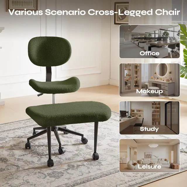 Alt view image 6 of 6 - Ergonomic Cross Legged Chair for ADHD, Meditation Chair with 360° Swivel Wheels, Kneeling Office Chair with Back Support, Strong Lumbar Support, Teddy Fabric, Green