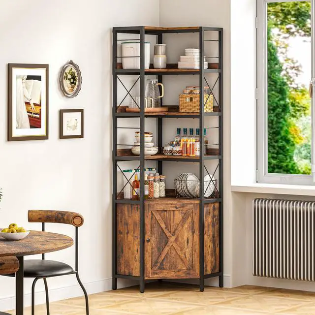 Alt view image 2 of 6 - Corner Bookshelf, 78 in Tall L Shaped Bookshelf with Baffles, Industrial Bookcase with Doors, Corner Display Shelf for Living Room Home Office