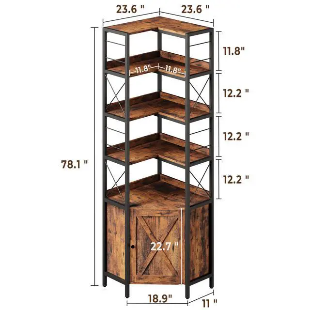 Alt view image 3 of 6 - Corner Bookshelf, 78 in Tall L Shaped Bookshelf with Baffles, Industrial Bookcase with Doors, Corner Display Shelf for Living Room Home Office