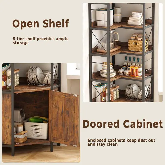 Alt view image 5 of 6 - Corner Bookshelf, 78 in Tall L Shaped Bookshelf with Baffles, Industrial Bookcase with Doors, Corner Display Shelf for Living Room Home Office
