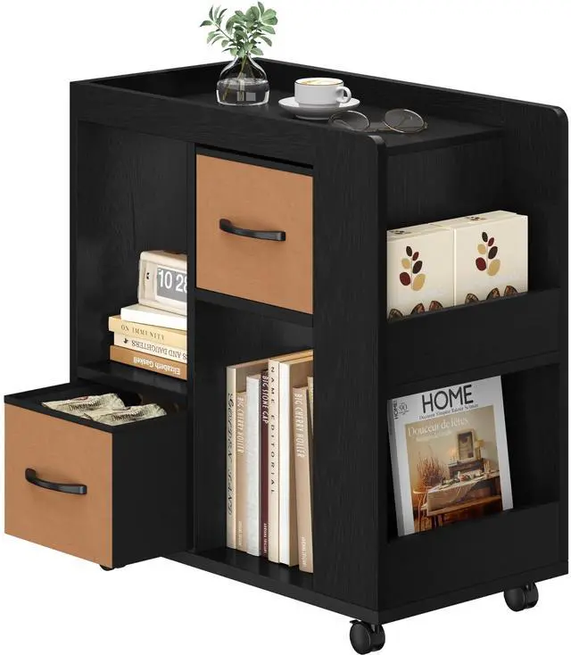 Main image of Narrow Side Table with Storage, Wooden Rolling Nightstand Bedside Table with Wheels, Magazine Racks and Open Shelves, End Table with Drawers for Living Room Bedroom, Black