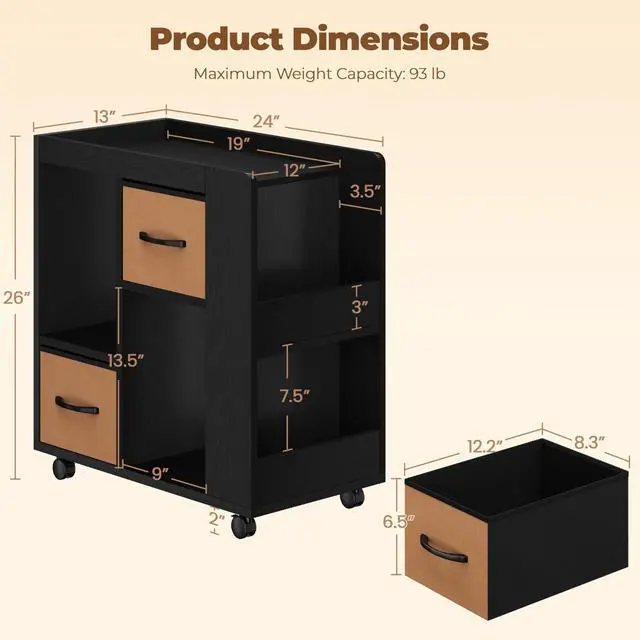 Alt view image 2 of 6 - Narrow Side Table with Storage, Wooden Rolling Nightstand Bedside Table with Wheels, Magazine Racks and Open Shelves, End Table with Drawers for Living Room Bedroom, Black
