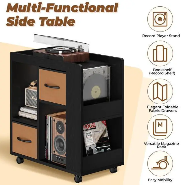 Alt view image 3 of 6 - Narrow Side Table with Storage, Wooden Rolling Nightstand Bedside Table with Wheels, Magazine Racks and Open Shelves, End Table with Drawers for Living Room Bedroom, Black