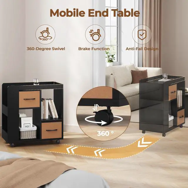 Alt view image 4 of 6 - Narrow Side Table with Storage, Wooden Rolling Nightstand Bedside Table with Wheels, Magazine Racks and Open Shelves, End Table with Drawers for Living Room Bedroom, Black