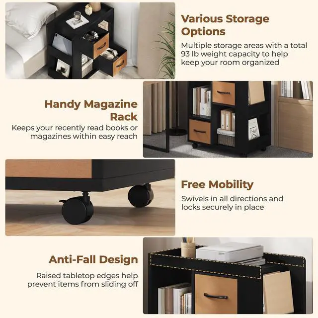 Alt view image 5 of 6 - Narrow Side Table with Storage, Wooden Rolling Nightstand Bedside Table with Wheels, Magazine Racks and Open Shelves, End Table with Drawers for Living Room Bedroom, Black