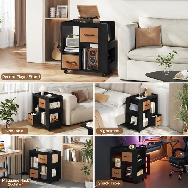 Alt view image 6 of 6 - Narrow Side Table with Storage, Wooden Rolling Nightstand Bedside Table with Wheels, Magazine Racks and Open Shelves, End Table with Drawers for Living Room Bedroom, Black