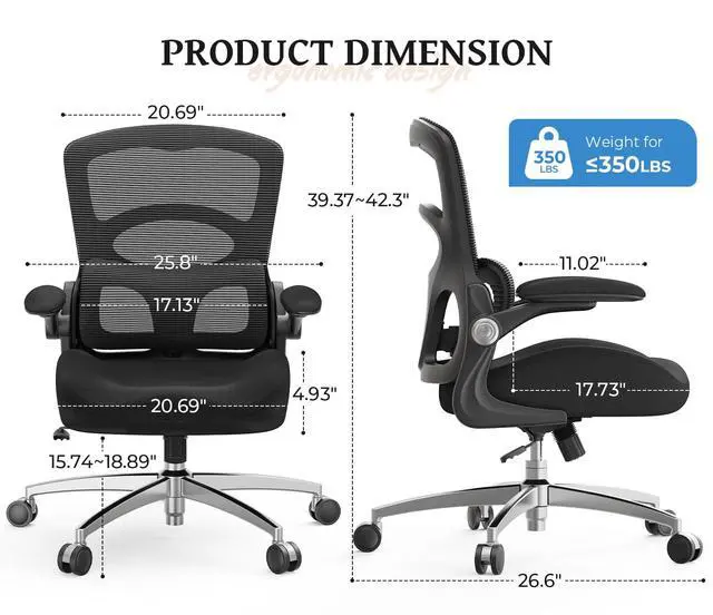 Alt view image 2 of 6 - Ergonomic Office Chair - Adjustable Lumbar Support | 350lbs Big & Tall Heavy Duty Mesh Comfy Chair with Flip-Up Arms Gaming Chairs for Adult Home and Business