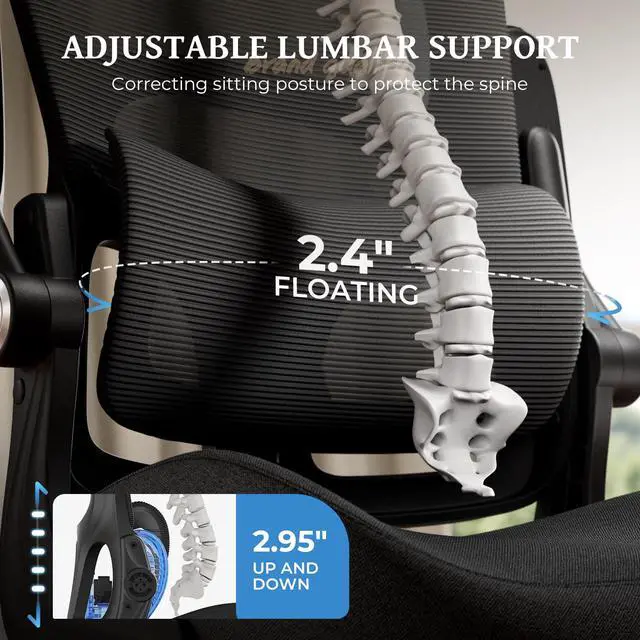 Alt view image 3 of 6 - Ergonomic Office Chair - Adjustable Lumbar Support | 350lbs Big & Tall Heavy Duty Mesh Comfy Chair with Flip-Up Arms Gaming Chairs for Adult Home and Business