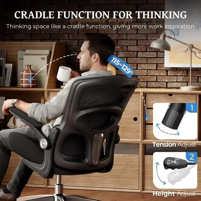 Alt view image 6 of 6 - Ergonomic Office Chair - Adjustable Lumbar Support | 350lbs Big & Tall Heavy Duty Mesh Comfy Chair with Flip-Up Arms Gaming Chairs for Adult Home and Business