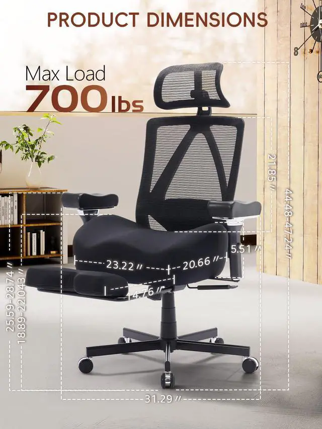 Alt view image 2 of 6 - Big and Tall Office Chair 700lbs, Ergonomic Desk Chair with W Wide Thick Cushion, Executive Mesh Office Chair with Adjustable Headrest, Lumbar, Footrest, 4D Armrest Computer Task Chairs for Nap, Black