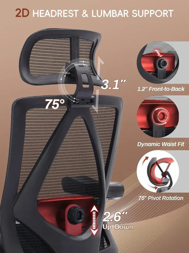 Alt view image 5 of 6 - Big and Tall Office Chair 700lbs, Ergonomic Desk Chair with W Wide Thick Cushion, Executive Mesh Office Chair with Adjustable Headrest, Lumbar, Footrest, 4D Armrest Computer Task Chairs for Nap, Black