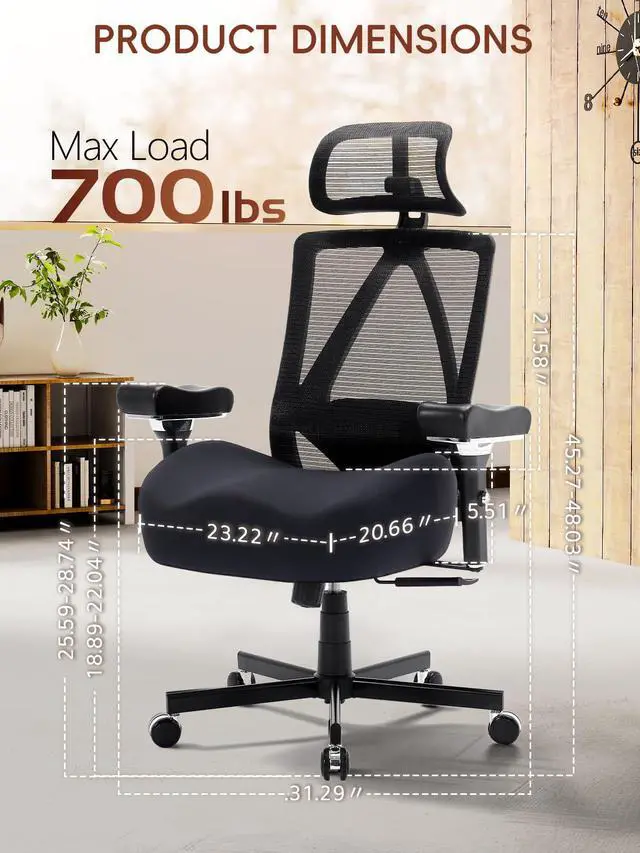 Alt view image 3 of 6 - Big and Tall Office Chair 700lbs, Ergonomic Desk Chair with W Wide Thick Cushion, Executive Mesh Office Chair with Adjustable Headrest, Lumbar, 4D Armrest, Computer Task Chairs for Heavy People, Black