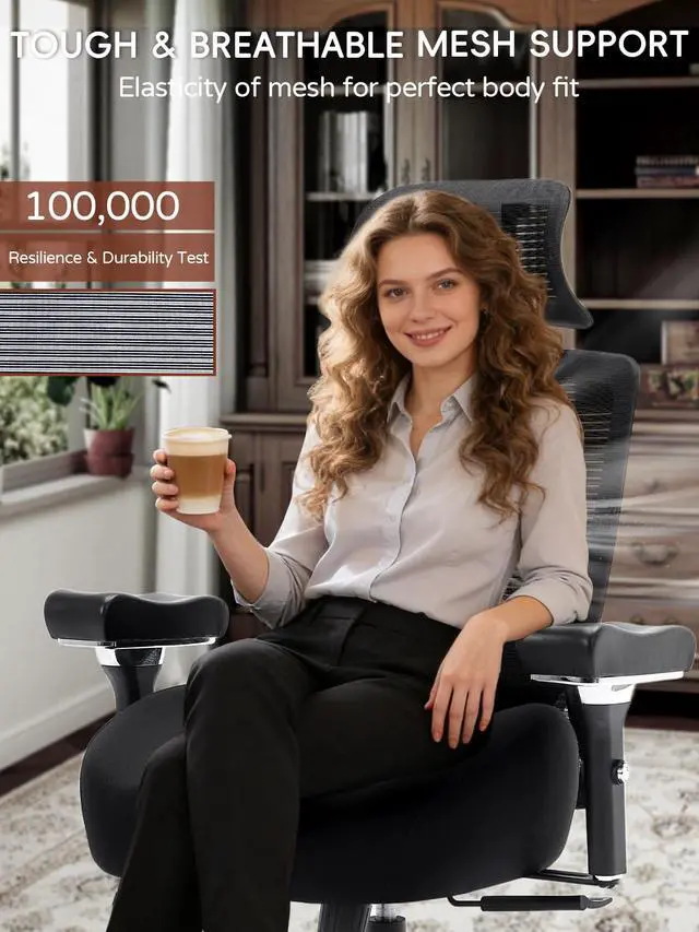 Alt view image 4 of 6 - Big and Tall Office Chair 700lbs, Ergonomic Desk Chair with W Wide Thick Cushion, Executive Mesh Office Chair with Adjustable Headrest, Lumbar, 4D Armrest, Computer Task Chairs for Heavy People, Black