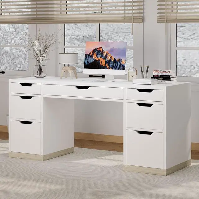 Main image of White Desk with 7 Drawers, Home Office Desk with Storage Drawers for Bedroom, 54 Inch Computer Desk with Drawers for Work Writing Study, Small Spaces
