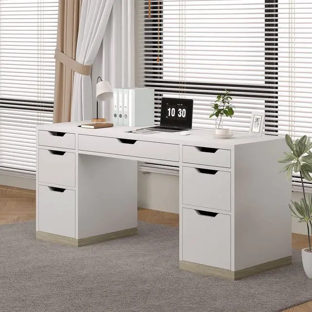 Alt view image 3 of 6 - White Desk with 7 Drawers, Home Office Desk with Storage Drawers for Bedroom, 54 Inch Computer Desk with Drawers for Work Writing Study, Small Spaces