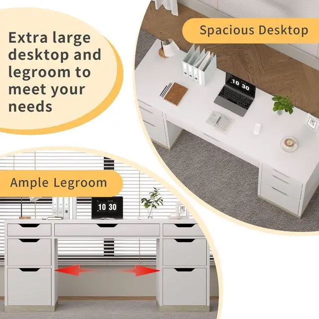 Alt view image 4 of 6 - White Desk with 7 Drawers, Home Office Desk with Storage Drawers for Bedroom, 54 Inch Computer Desk with Drawers for Work Writing Study, Small Spaces