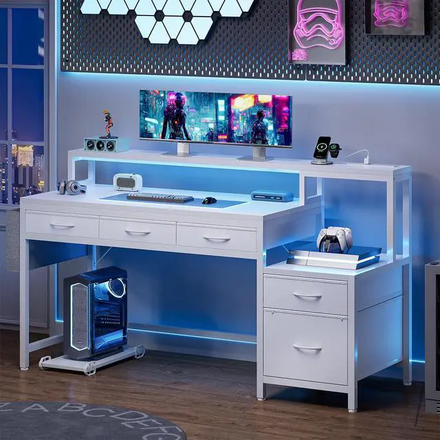 Alt view image 2 of 6 - 61 Inch Gaming Desk with Charging Station and LED Lights, Reversible Computer Desk with Storage Drawer and Monitor Stand, Modern Desk Table with File Cabinet & Side Pocket, Carbon Fiber White