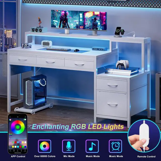 Alt view image 5 of 6 - 61 Inch Gaming Desk with Charging Station and LED Lights, Reversible Computer Desk with Storage Drawer and Monitor Stand, Modern Desk Table with File Cabinet & Side Pocket, Carbon Fiber White