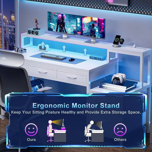 Alt view image 6 of 6 - 61 Inch Gaming Desk with Charging Station and LED Lights, Reversible Computer Desk with Storage Drawer and Monitor Stand, Modern Desk Table with File Cabinet & Side Pocket, Carbon Fiber White