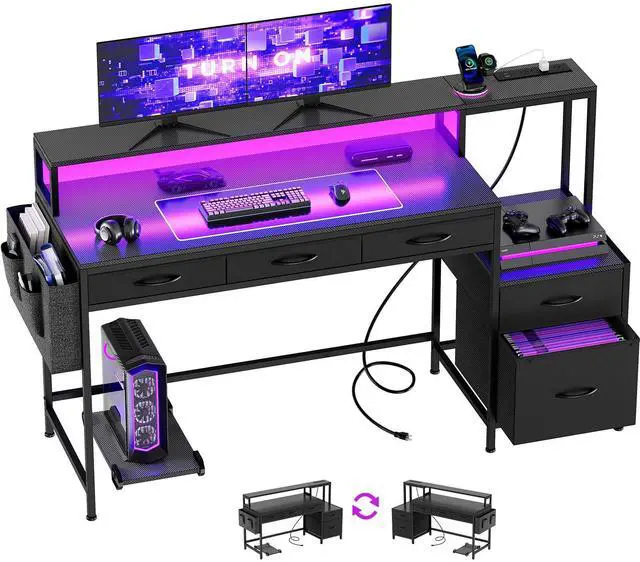 Main image of 61 Inch Gaming Desk with Charging Station and LED Lights, Reversible Computer Desk with Storage Drawer and Monitor Stand, Modern Desk Table with File Cabinet & Side Pocket, Carbon Fiber Black