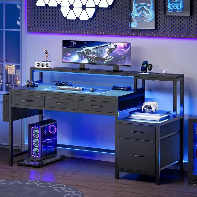 Alt view image 2 of 6 - 61 Inch Gaming Desk with Charging Station and LED Lights, Reversible Computer Desk with Storage Drawer and Monitor Stand, Modern Desk Table with File Cabinet & Side Pocket, Carbon Fiber Black