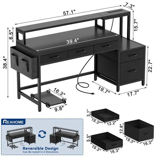 Alt view image 3 of 6 - 61 Inch Gaming Desk with Charging Station and LED Lights, Reversible Computer Desk with Storage Drawer and Monitor Stand, Modern Desk Table with File Cabinet & Side Pocket, Carbon Fiber Black