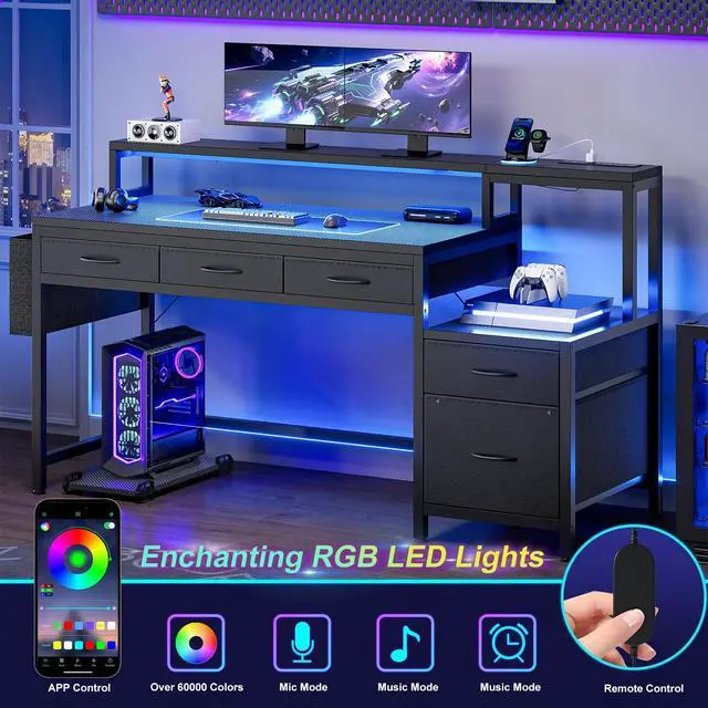 Alt view image 5 of 6 - 61 Inch Gaming Desk with Charging Station and LED Lights, Reversible Computer Desk with Storage Drawer and Monitor Stand, Modern Desk Table with File Cabinet & Side Pocket, Carbon Fiber Black