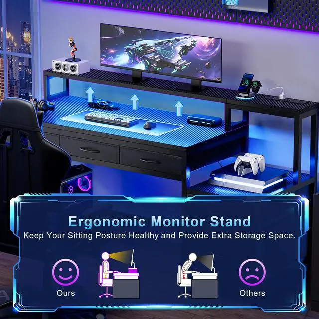 Alt view image 6 of 6 - 61 Inch Gaming Desk with Charging Station and LED Lights, Reversible Computer Desk with Storage Drawer and Monitor Stand, Modern Desk Table with File Cabinet & Side Pocket, Carbon Fiber Black