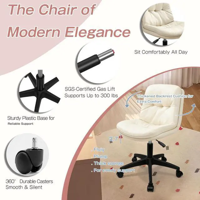 Alt view image 3 of 6 - Office Chair, Ergonomic Desk Chair with Padded Cushion & Backrest, Adjustable Height & 360° Swivel, Armless Task Chair for Home Office, Computer Desk & Vanity Beige
